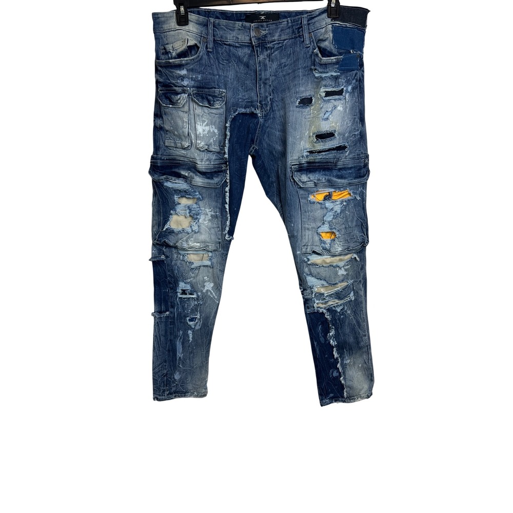 Jordan Craig Sean Jeans Mens 42x32 Blue Distressed Patchwork Cargo Denim A16